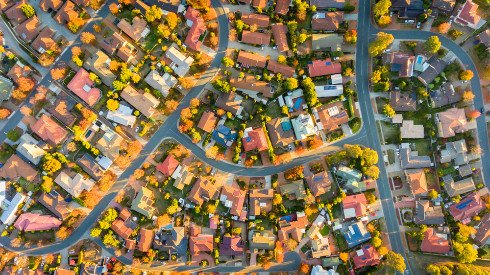 Aerial view of an Australian suburb showing houses and streets.